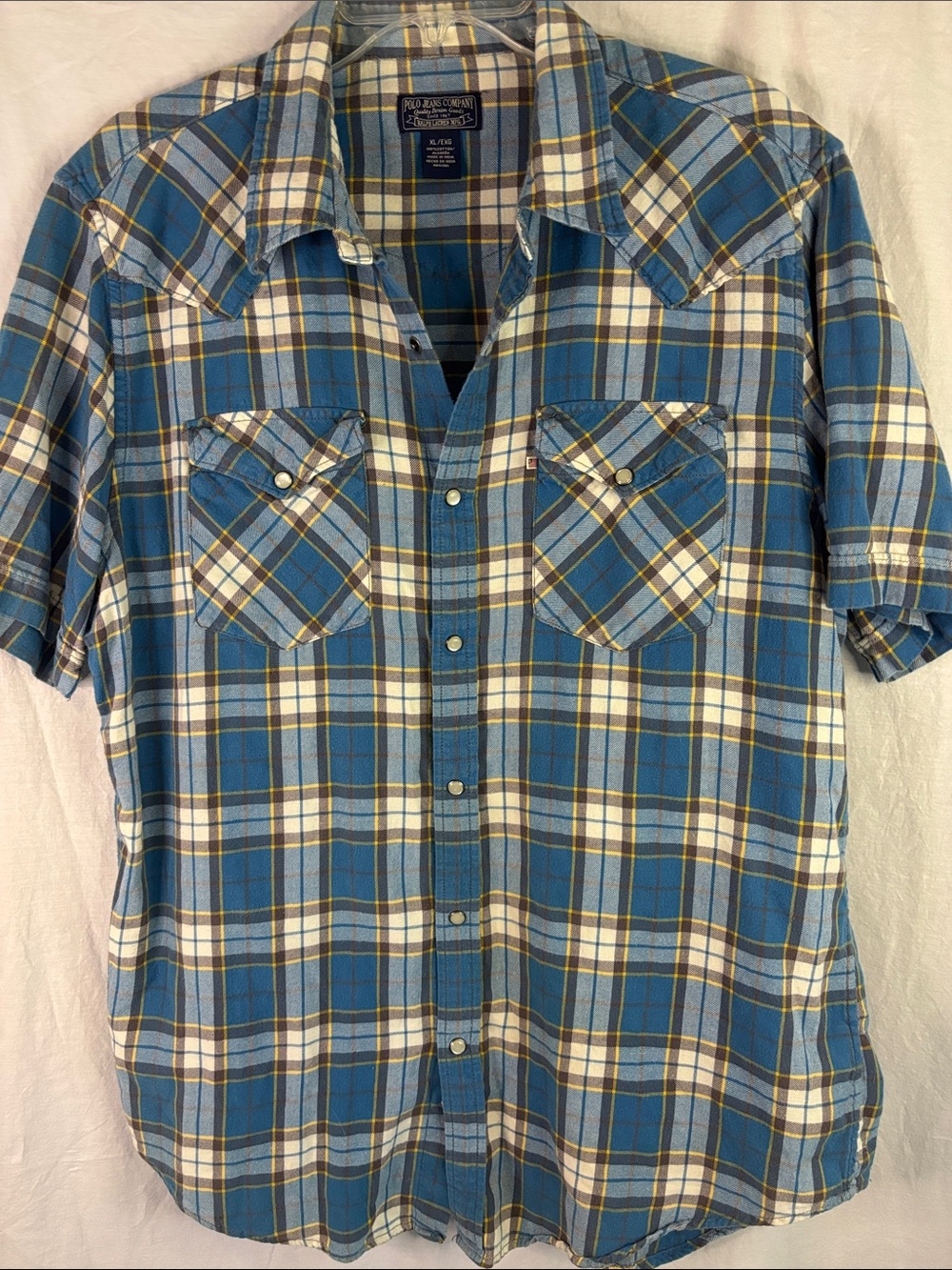 Men's Short-Sleeve Blue Plaid Button-Down Shirt (126)